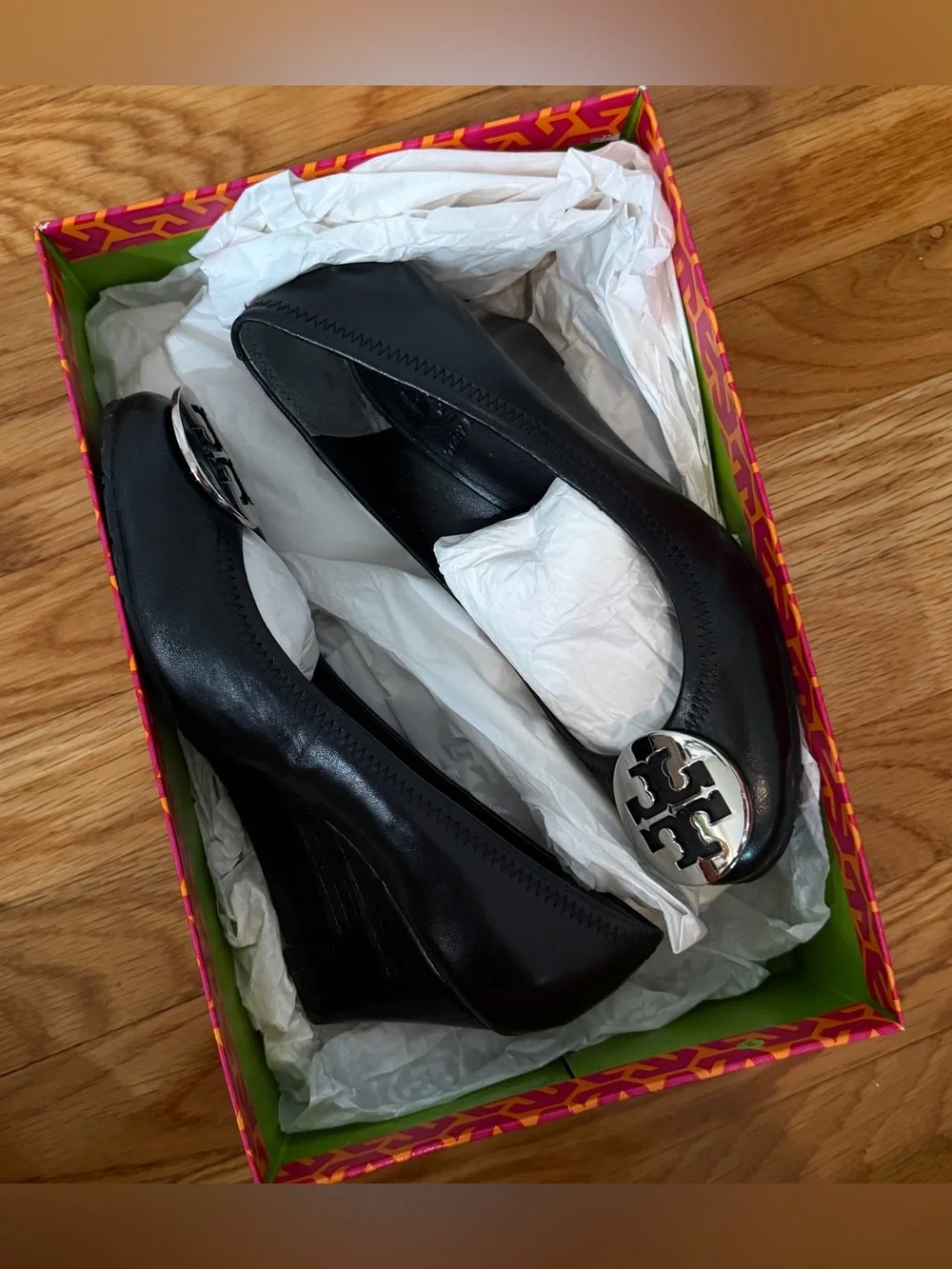 Tory Burch Sally Black Leather Silver Logo Wedge Pumps 6.5 NEW